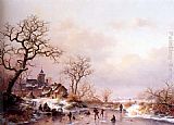 Townsfolk Canvas Paintings - Winter townsfolk skating on a frozen waterway near a fortified mansion at dusk